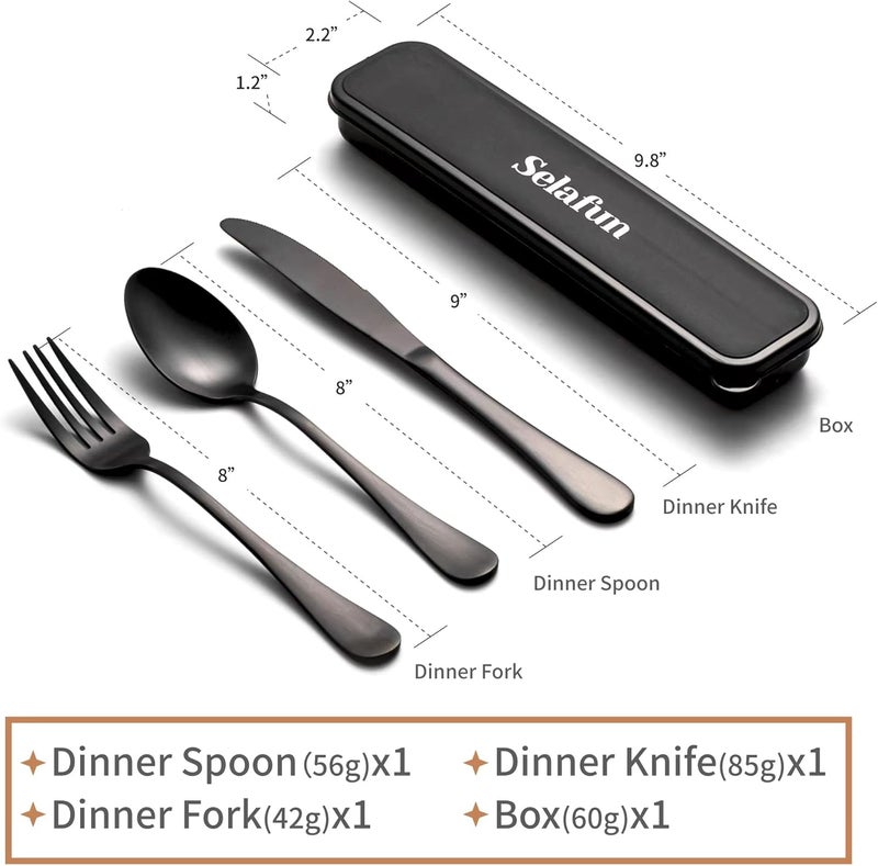 Selafun 4-pieces Travel Set with Case Portable Silverware Utensils Set for work, Stainless Steel Reusable Flatware Set Cutlery Set for Camping Picnic Hiking Office (8inch, Matte Black) - Image 2